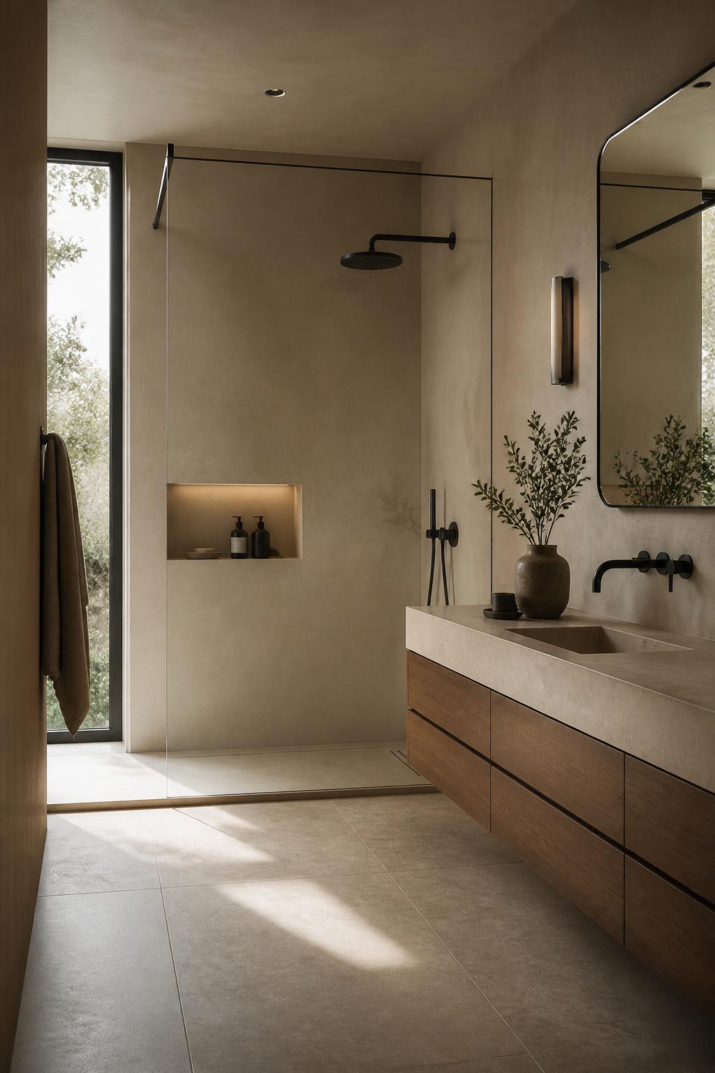 Moderne badkamer met micro-cement wanden en matzwarte details